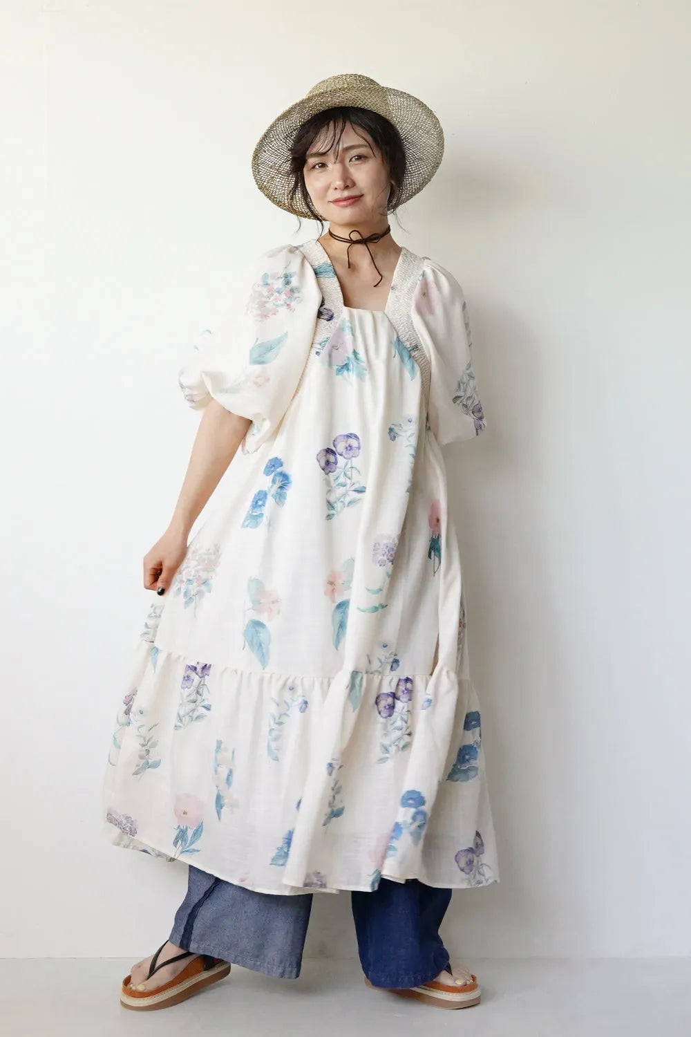 パステル花柄 ボリュームスリーブワンピース