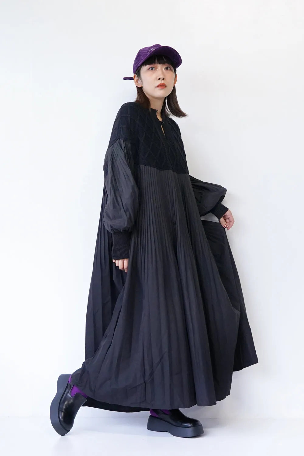 ニット×プリーツロングワンピース