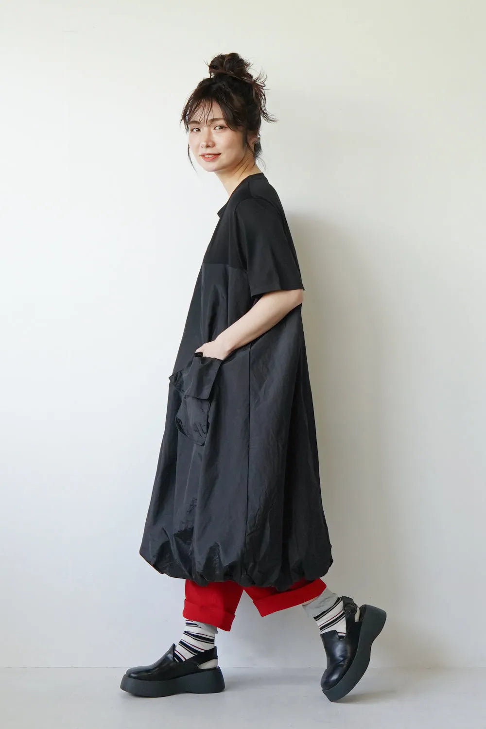 異素材切替ナイロンバルーンワンピース