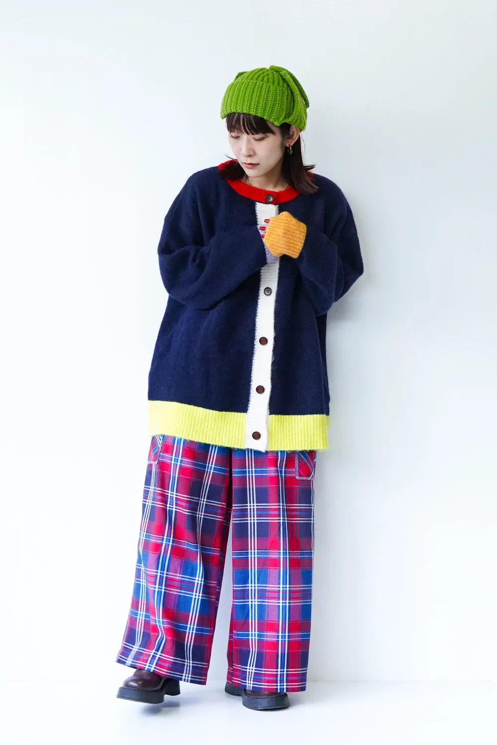 カラーブロックニットカーデ