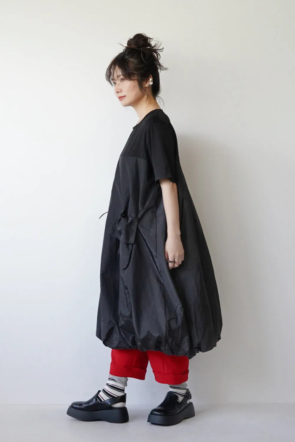 異素材切替ナイロンバルーンワンピース