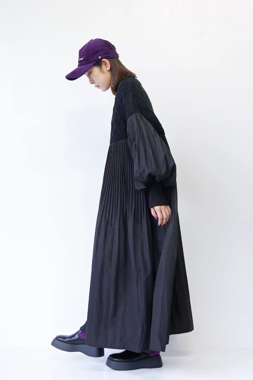 ニット×プリーツロングワンピース