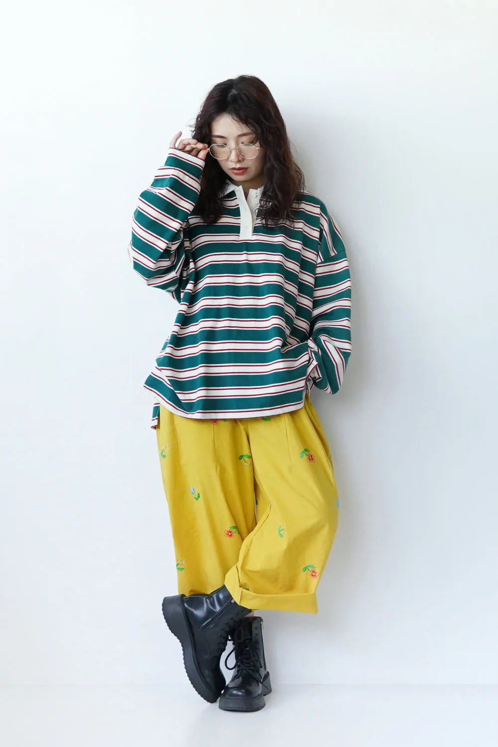 花刺繍コットンワイドパンツ