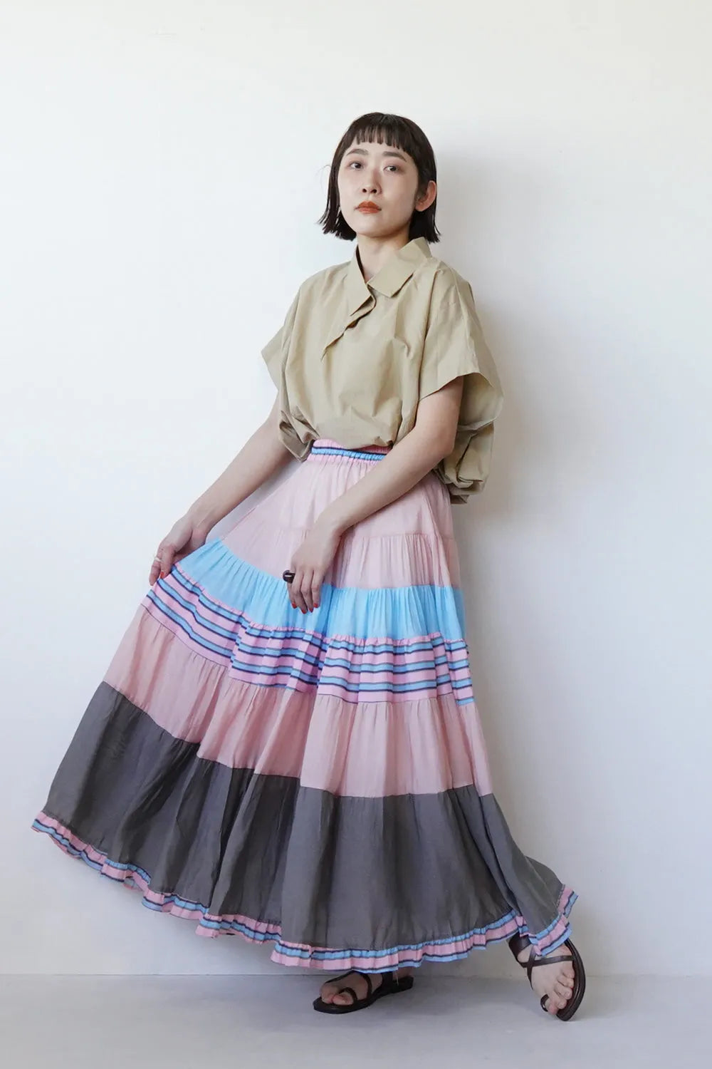 【MICALLEMICALLE】ボーダー×無地ティアードフリルスカート