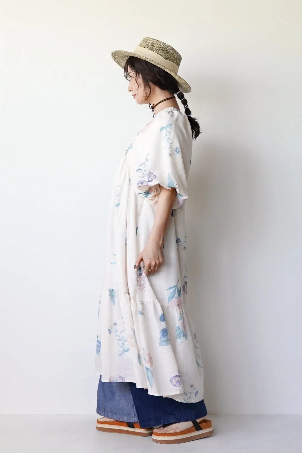 パステル花柄 ボリュームスリーブワンピース