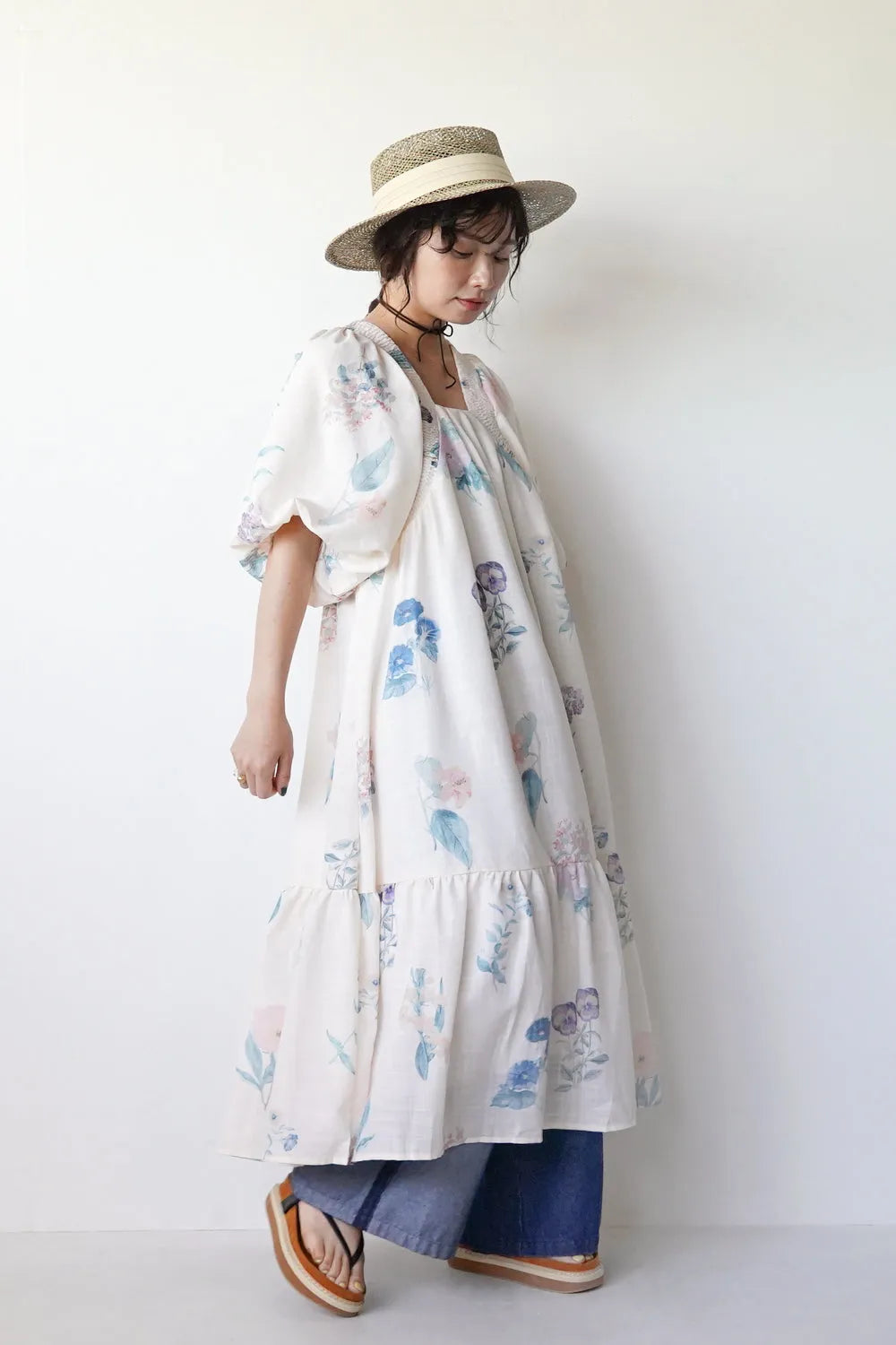 パステル花柄 ボリュームスリーブワンピース