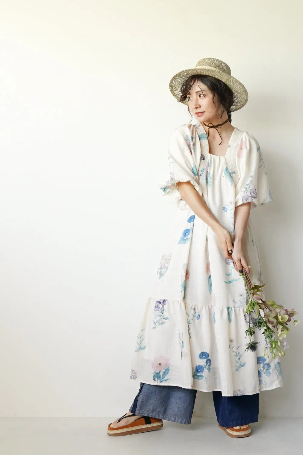 パステル花柄 ボリュームスリーブワンピース