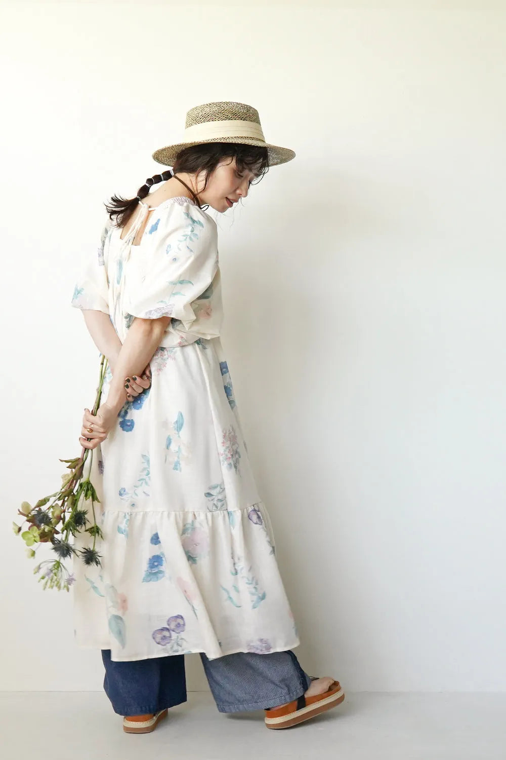 パステル花柄 ボリュームスリーブワンピース