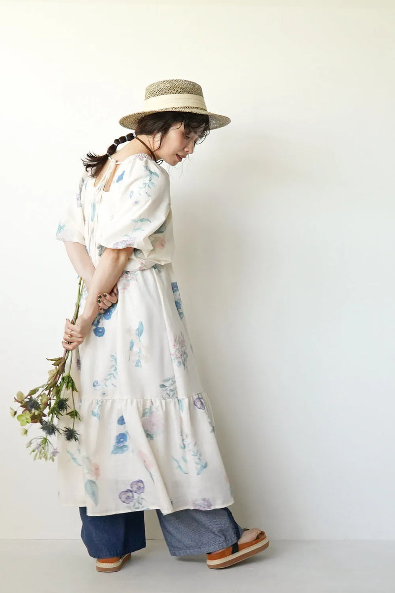 パステル花柄 ボリュームスリーブワンピース