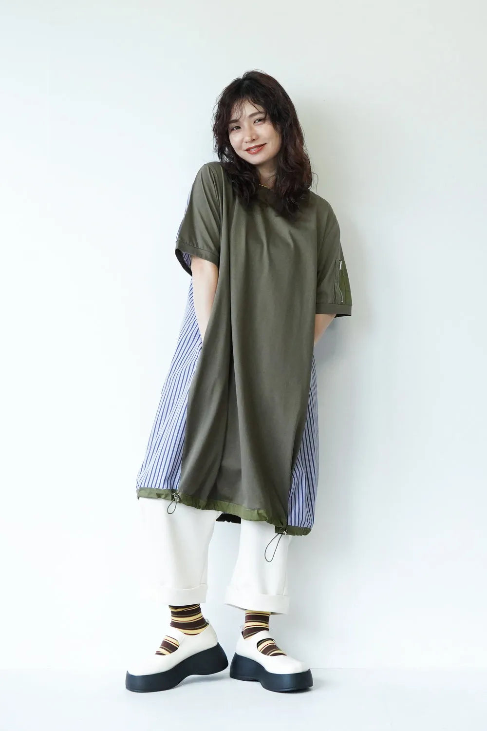 【MICALLE MICALLE】ストライプドロストヘムチュニックワンピース