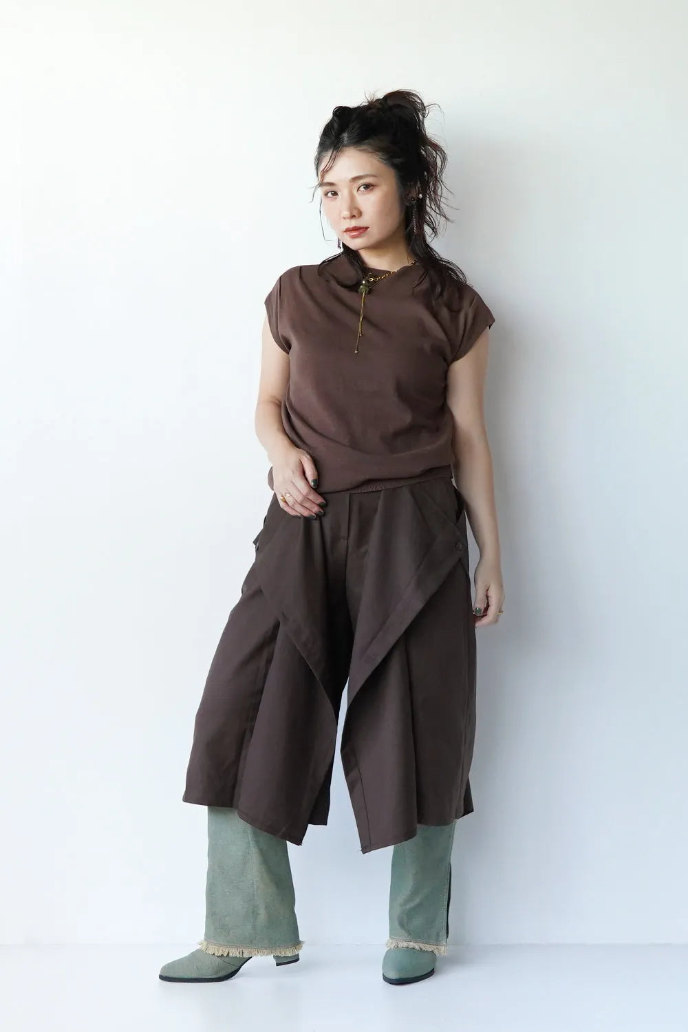 デニムフリンジロングブーツ