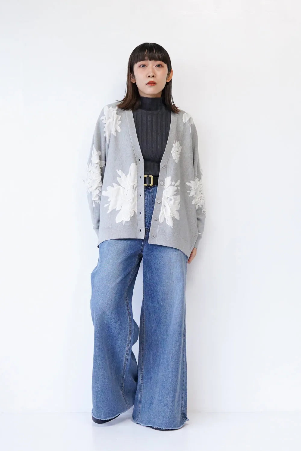 フラワージャガードニットカーデ