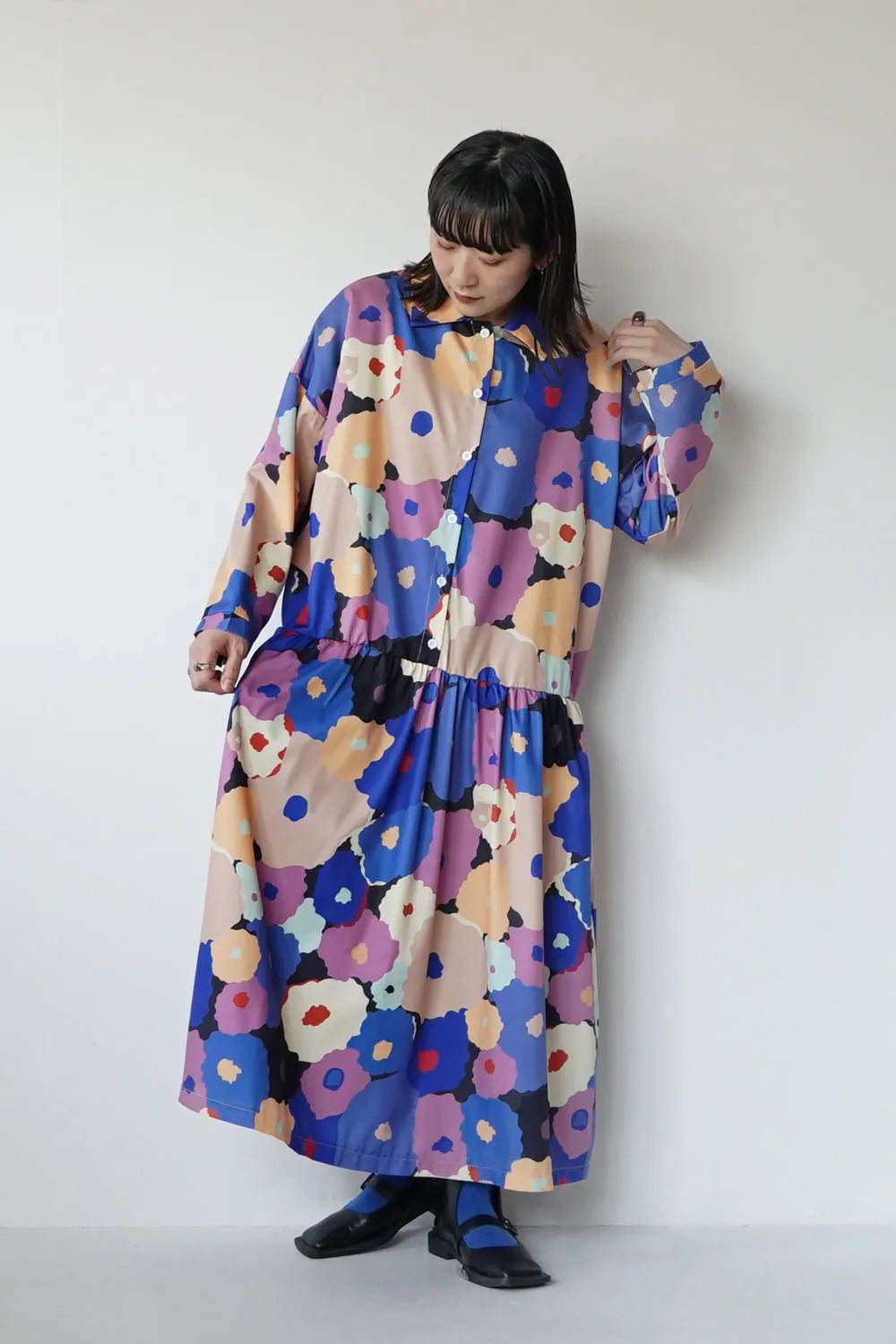 レトロ花柄ローウエスト切替ワンピース