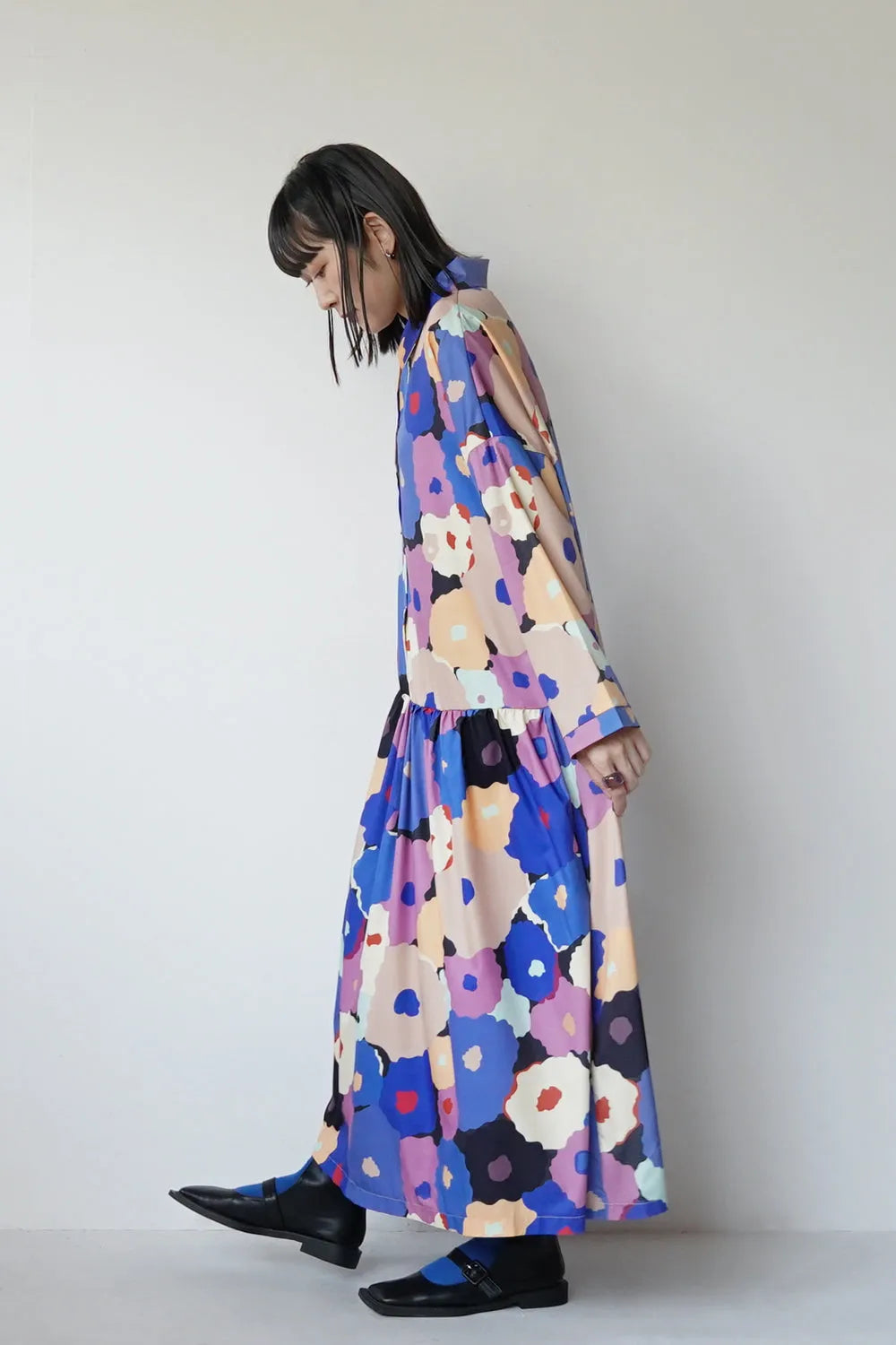 レトロ花柄ローウエスト切替ワンピース