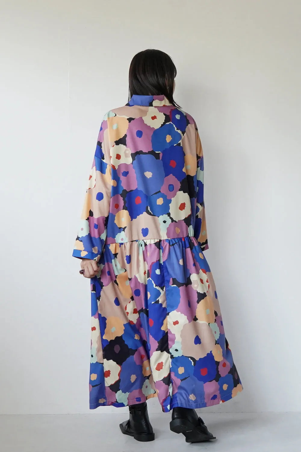 レトロ花柄ローウエスト切替ワンピース