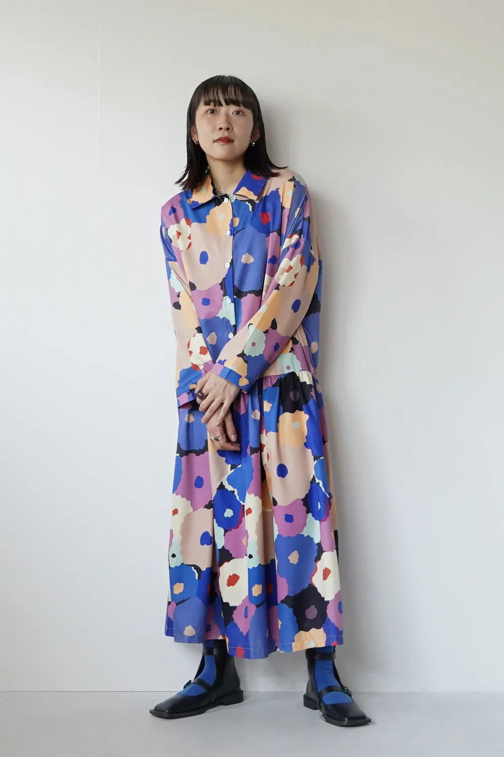 レトロ花柄ローウエスト切替ワンピース