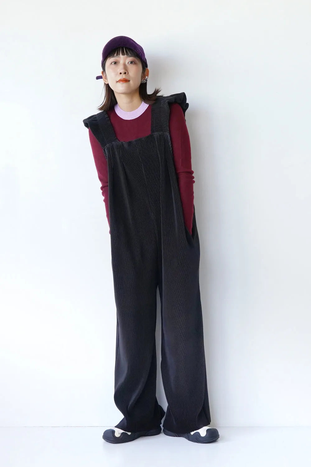 フリルショルダープリーツサロペット