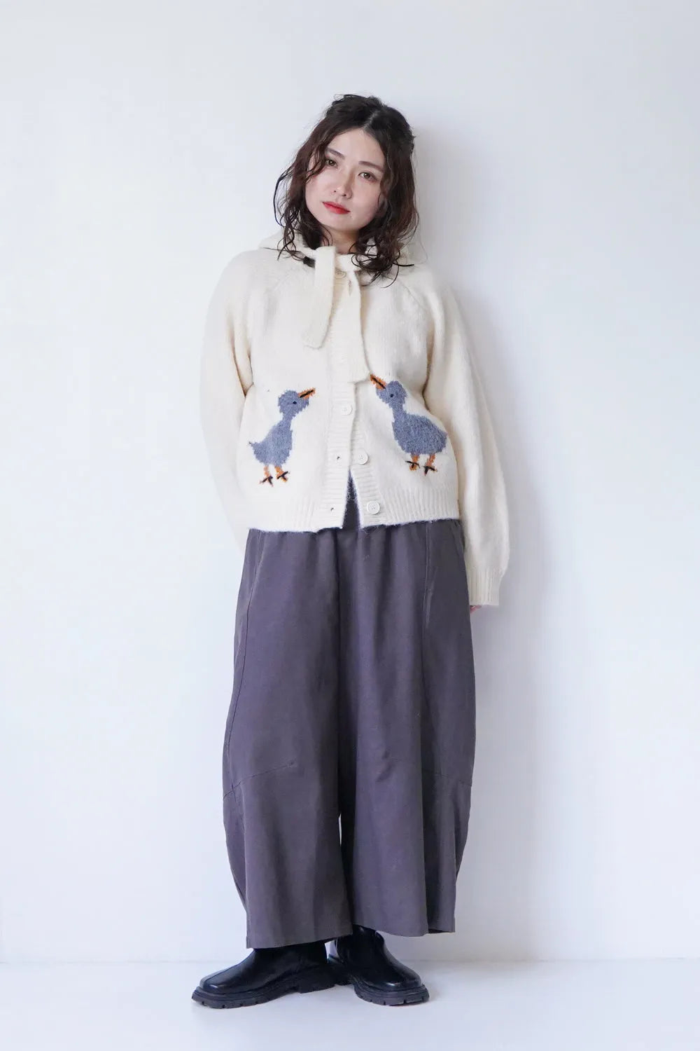 鳥柄ニットカーディガン&フードSET