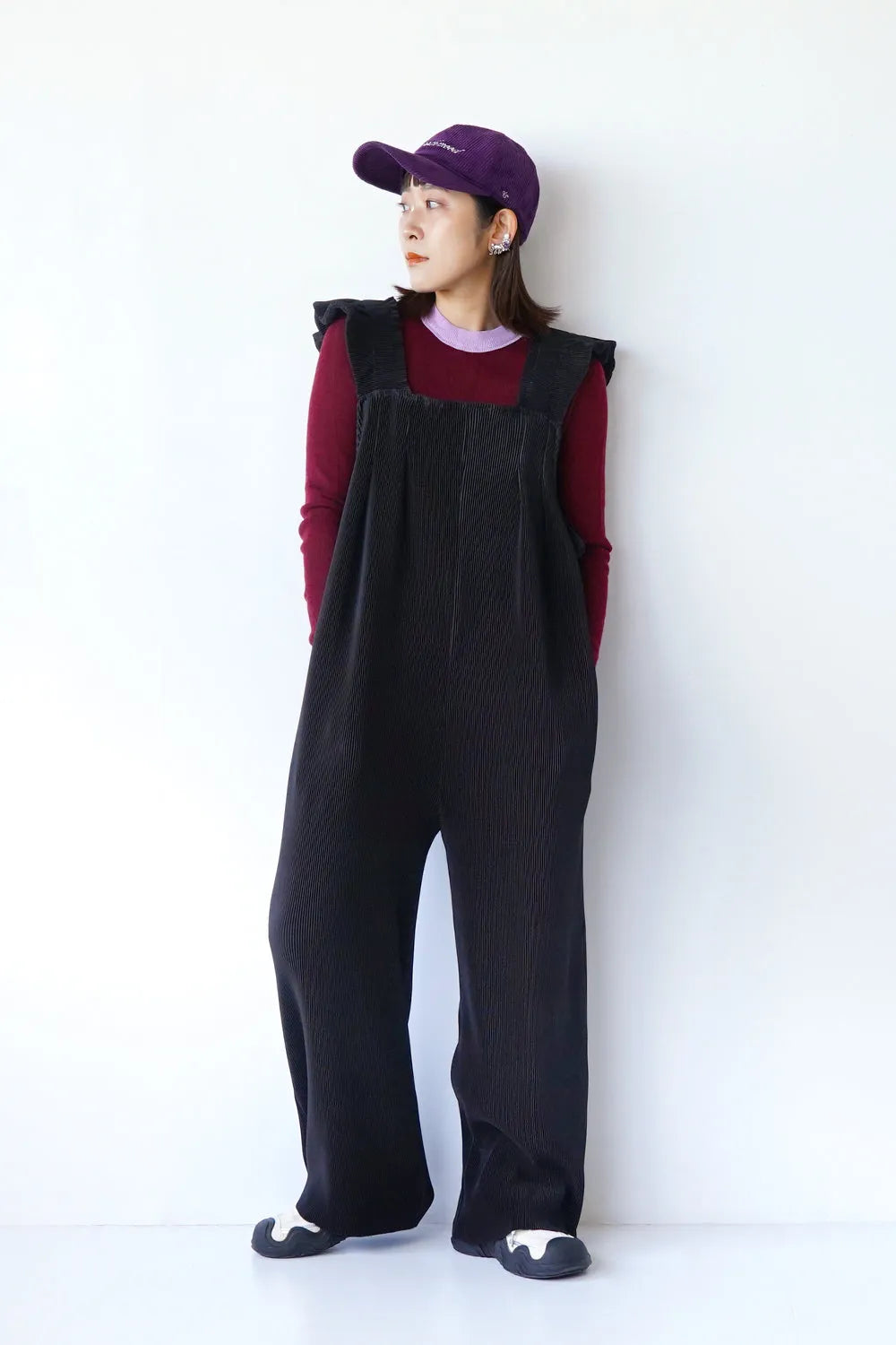 フリルショルダープリーツサロペット