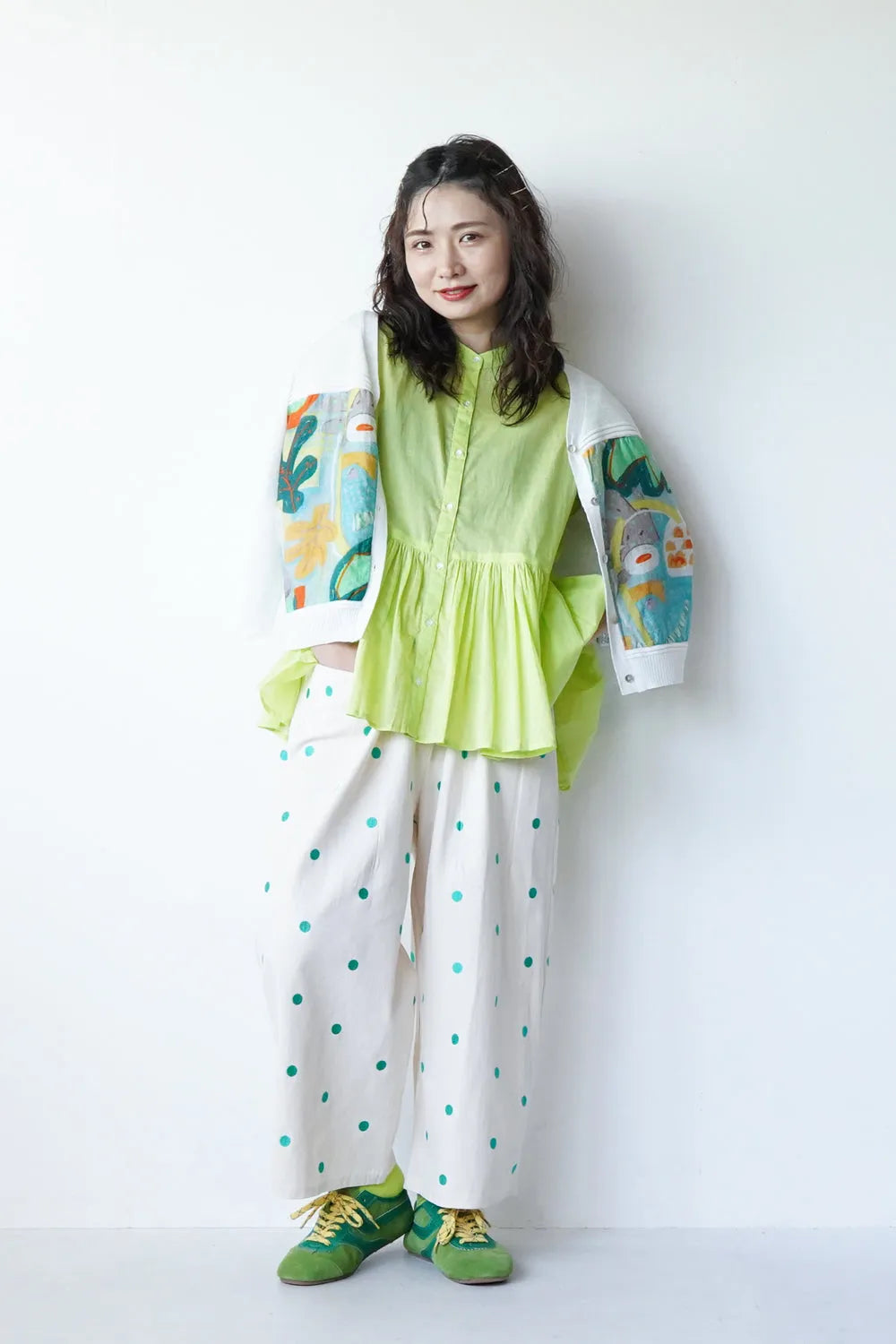 幾何学プリント切替カーデ