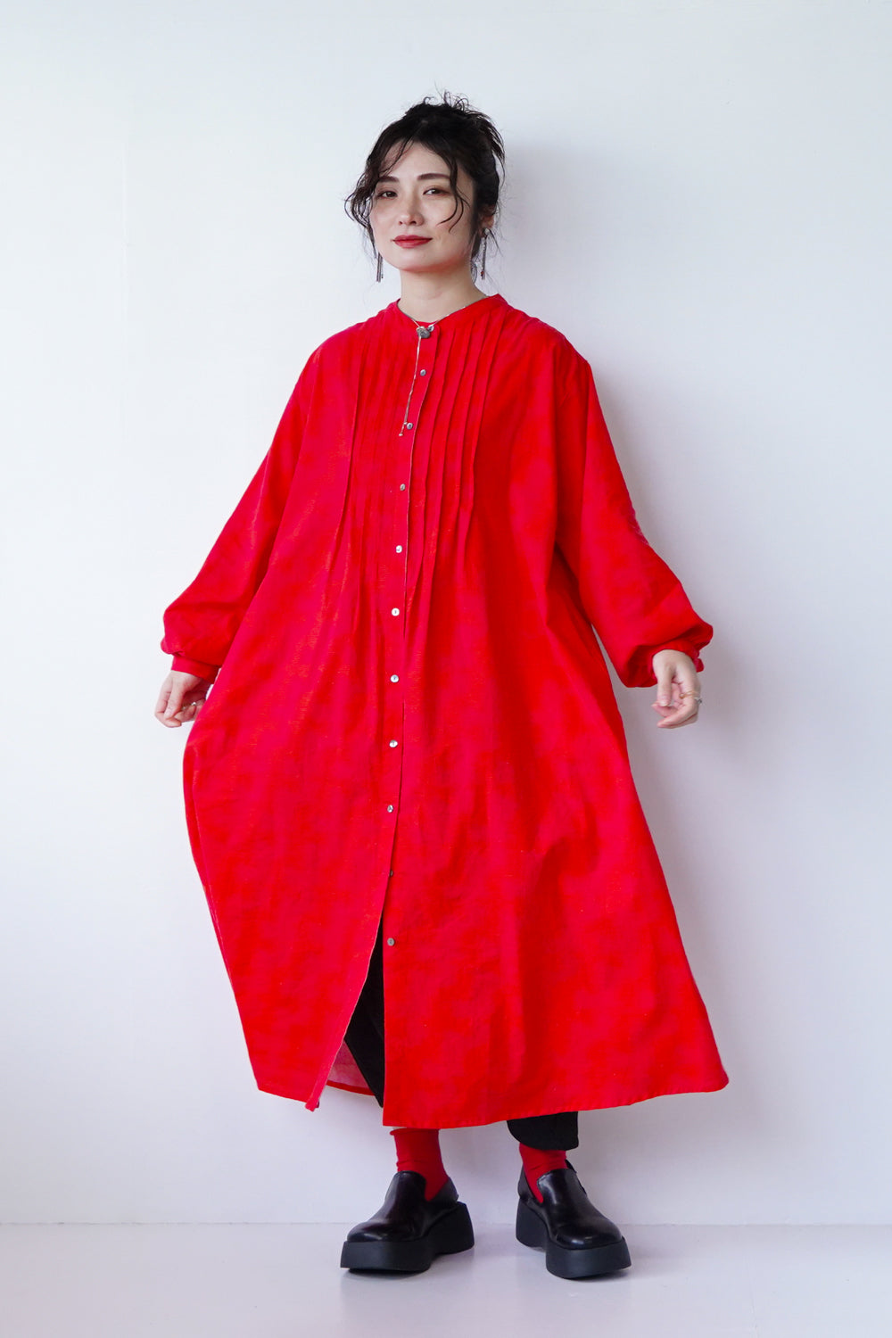 【fu-dueka::】ヴィンテージ加工鳥柄ピンタックワンピース