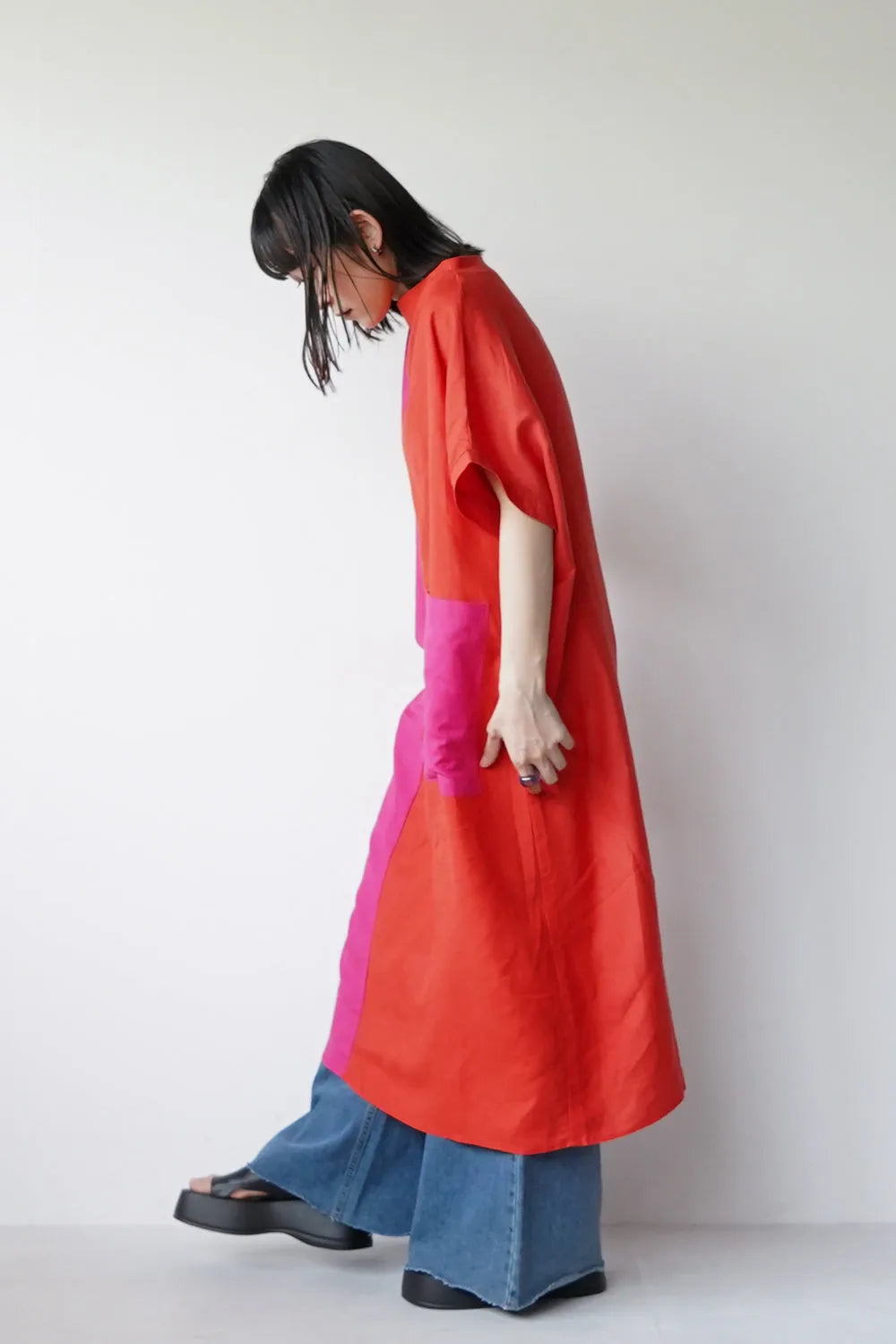 【LILA n’ citta】リネンレーヨンバイカラーワンピース