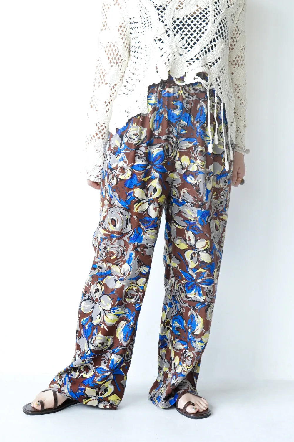 ビビッド大花柄麻混イージーパンツ