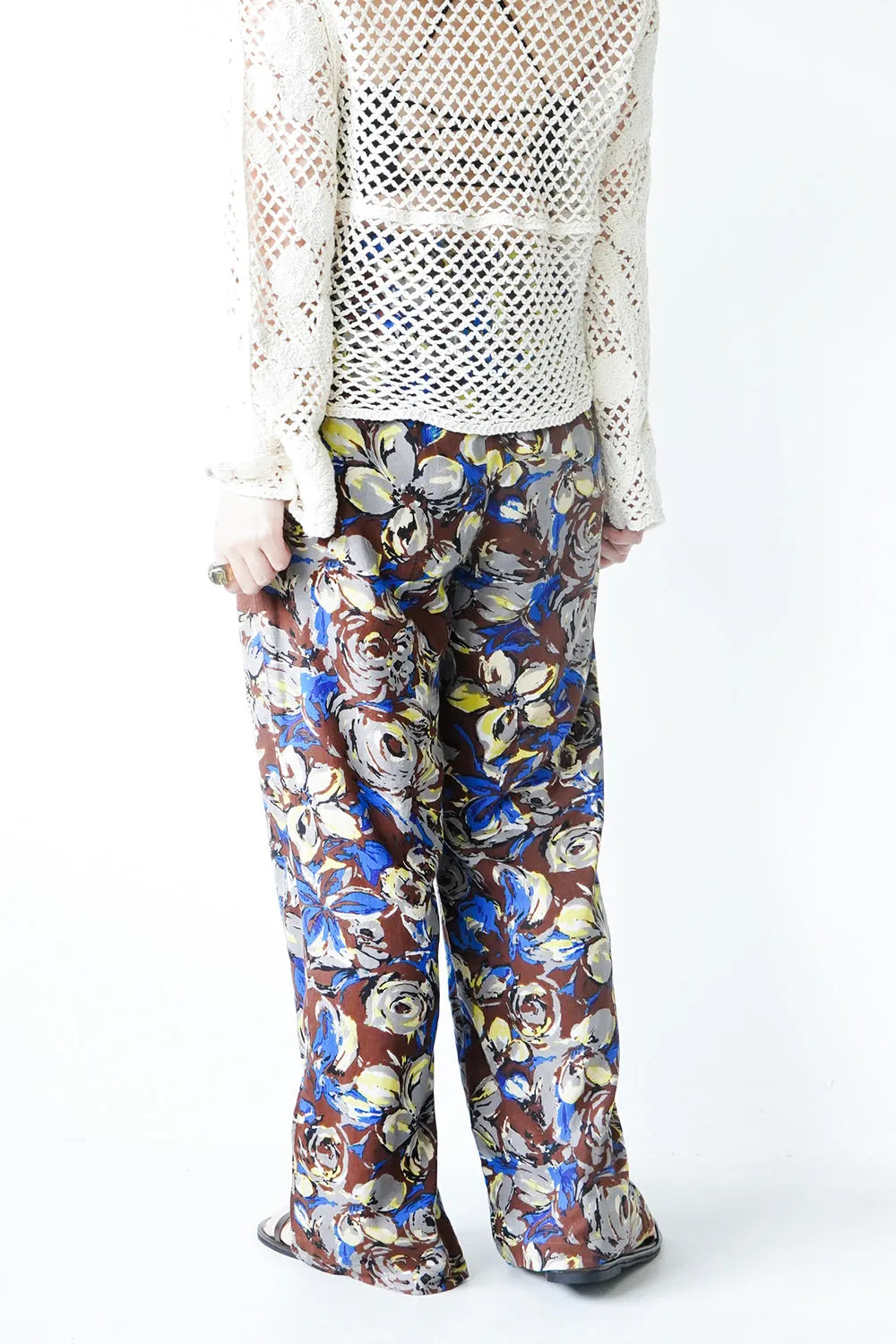 ビビッド大花柄麻混イージーパンツ