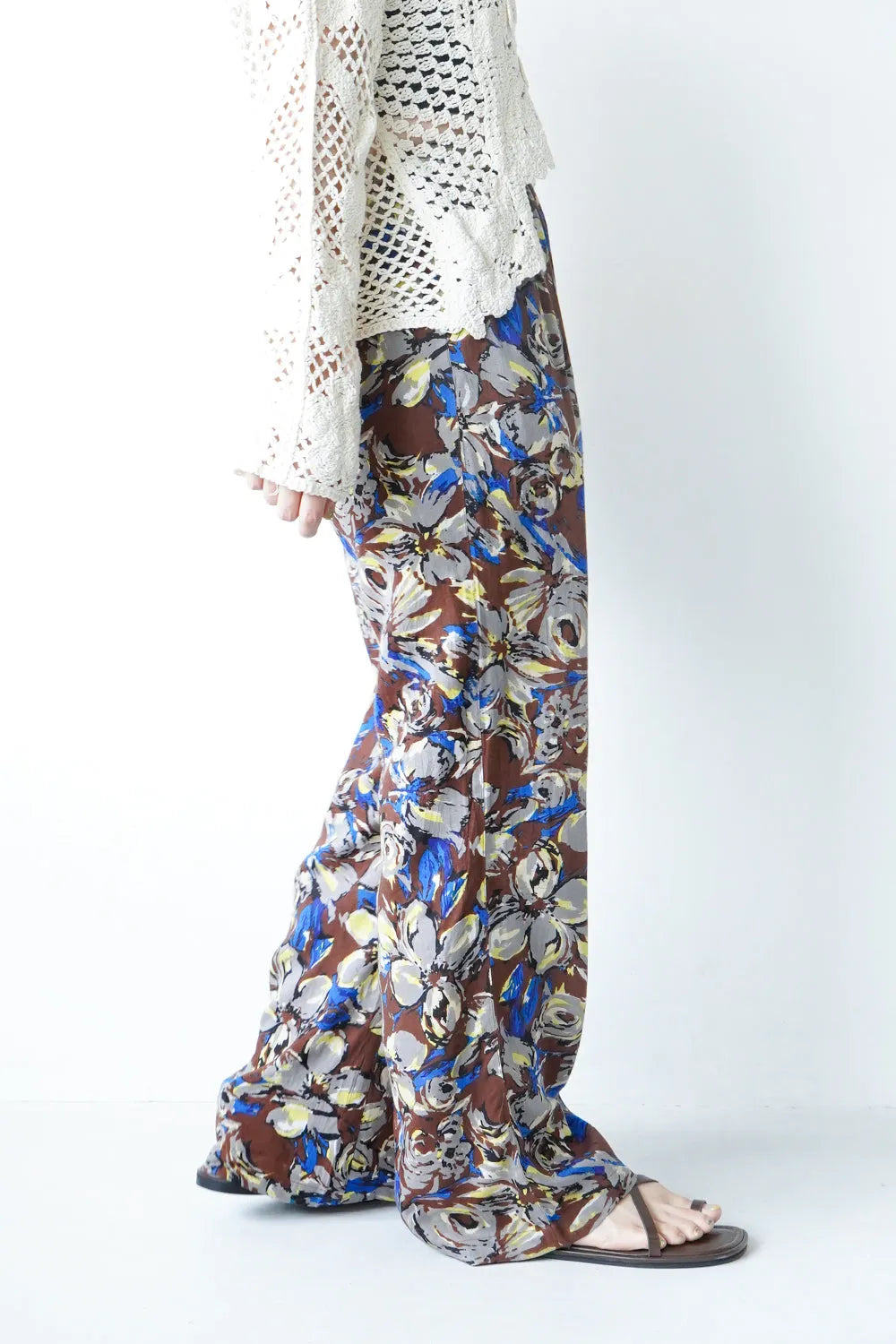 ビビッド大花柄麻混イージーパンツ