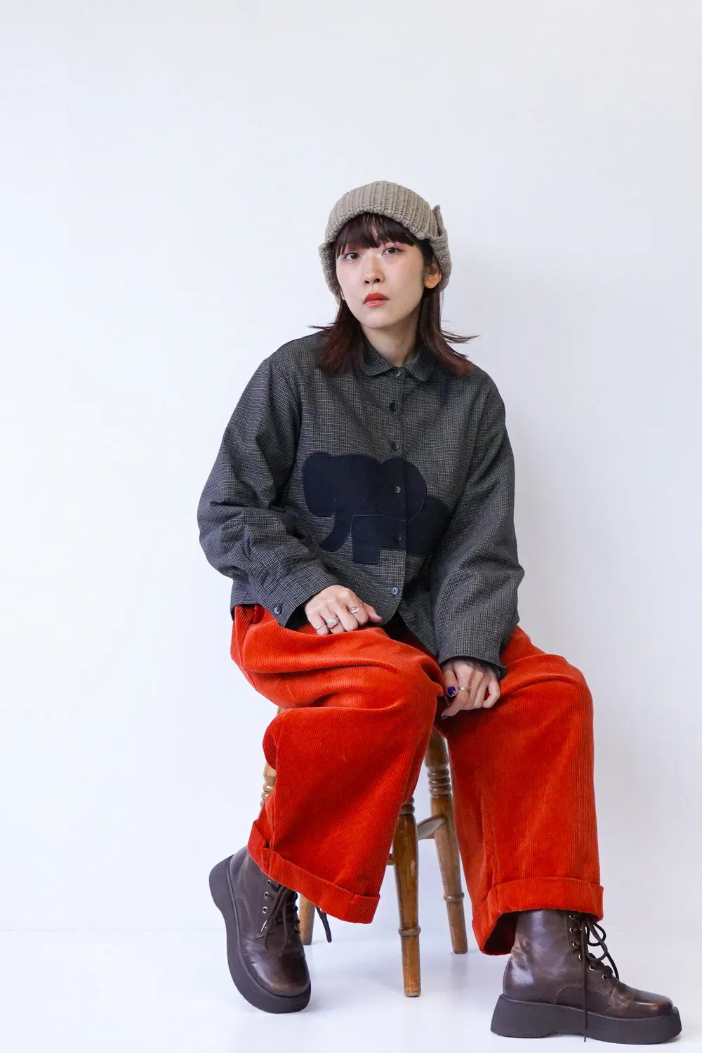 チェック×象パッチワーク中綿シャツ