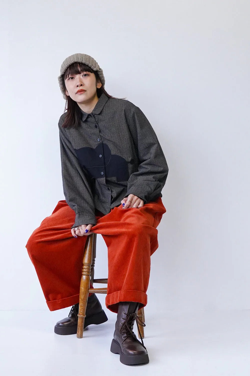 チェック×象パッチワーク中綿シャツ