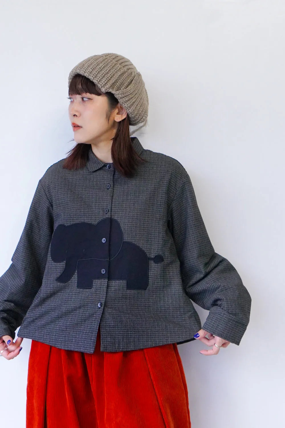 チェック×象パッチワーク中綿シャツ