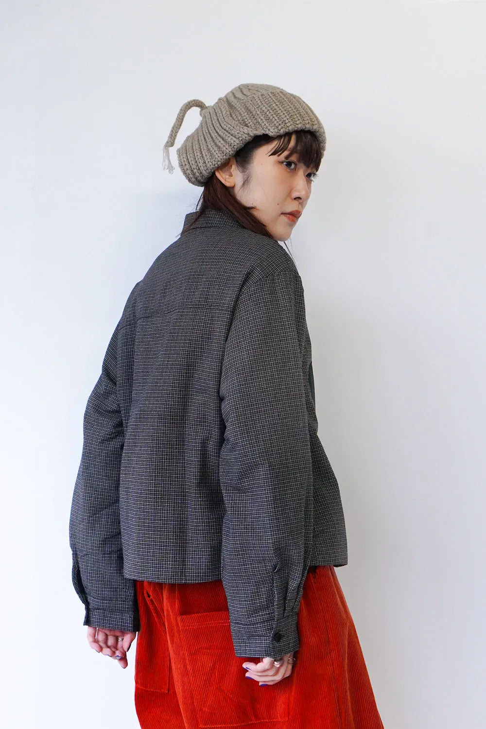 チェック×象パッチワーク中綿シャツ