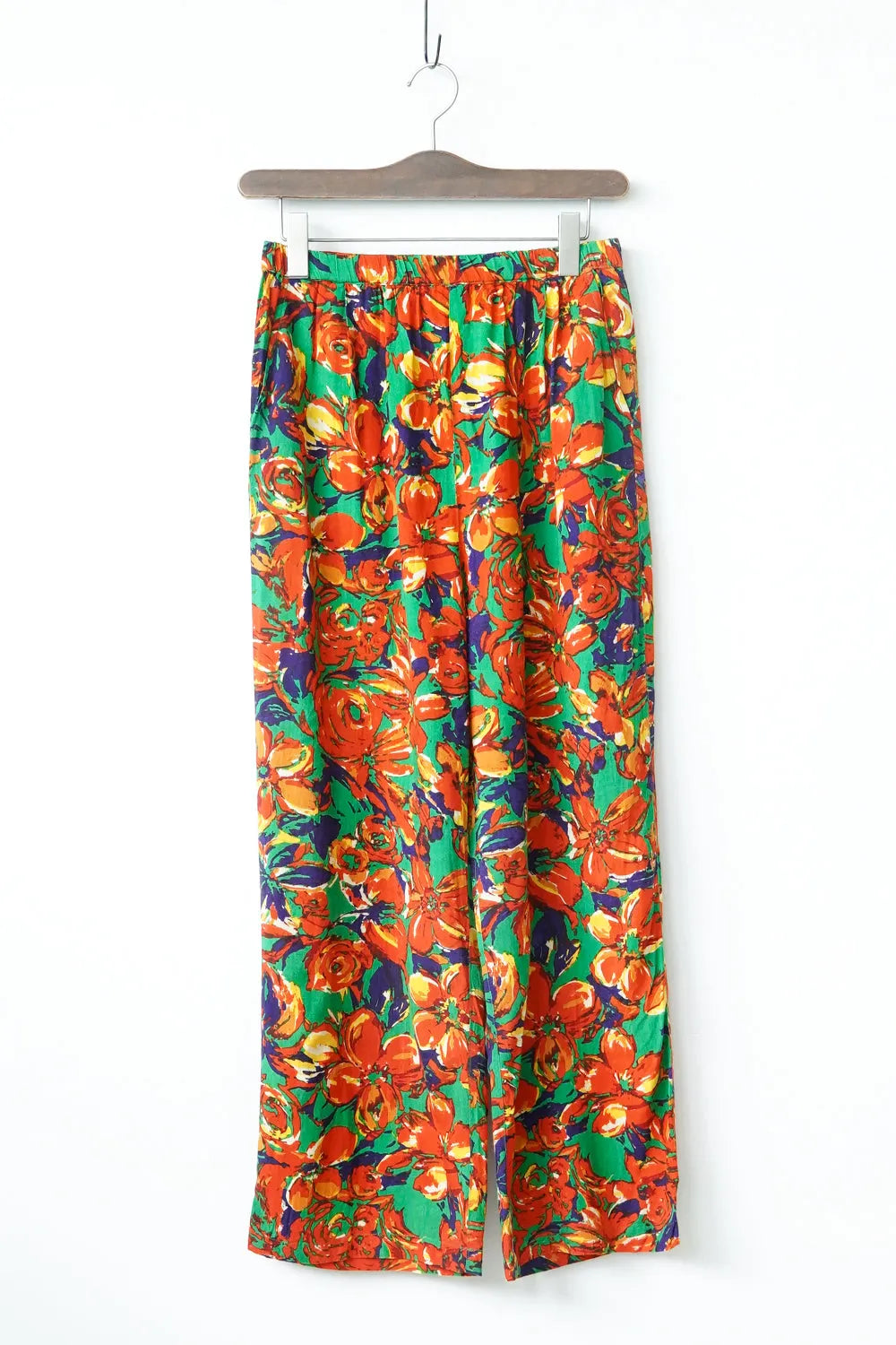 ビビッド大花柄麻混イージーパンツ