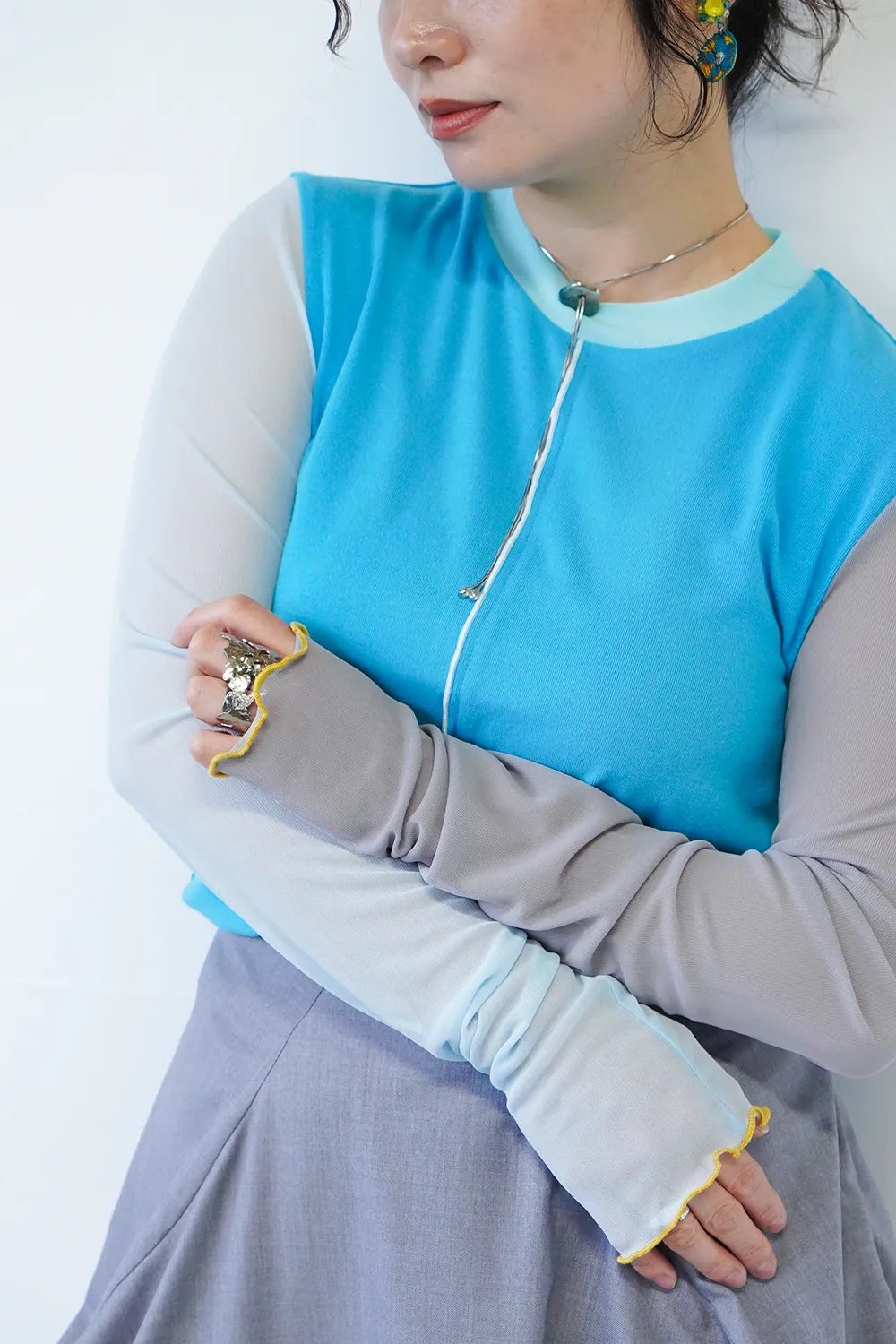 【MICALLE MICALLE】配色シアースリーブカットソー