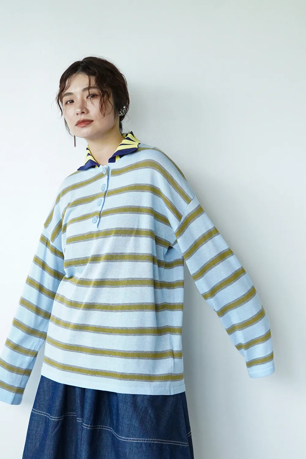 ストライプ衿ボーダーニットソー