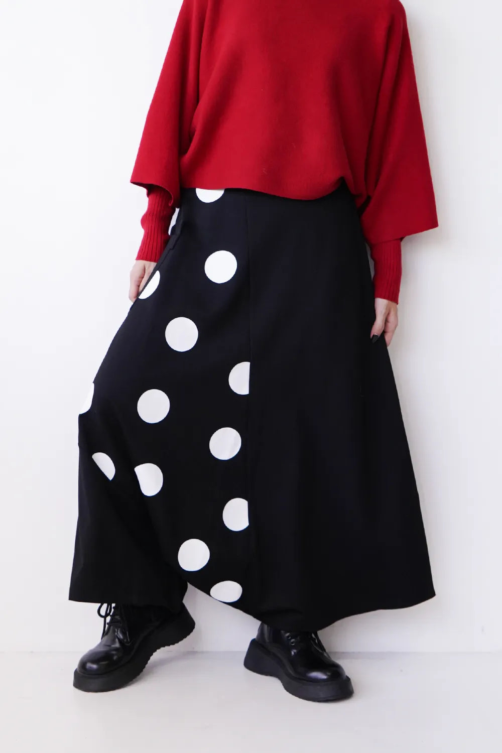 アシメ切替ドット×無地ストレッチサルエルパンツ