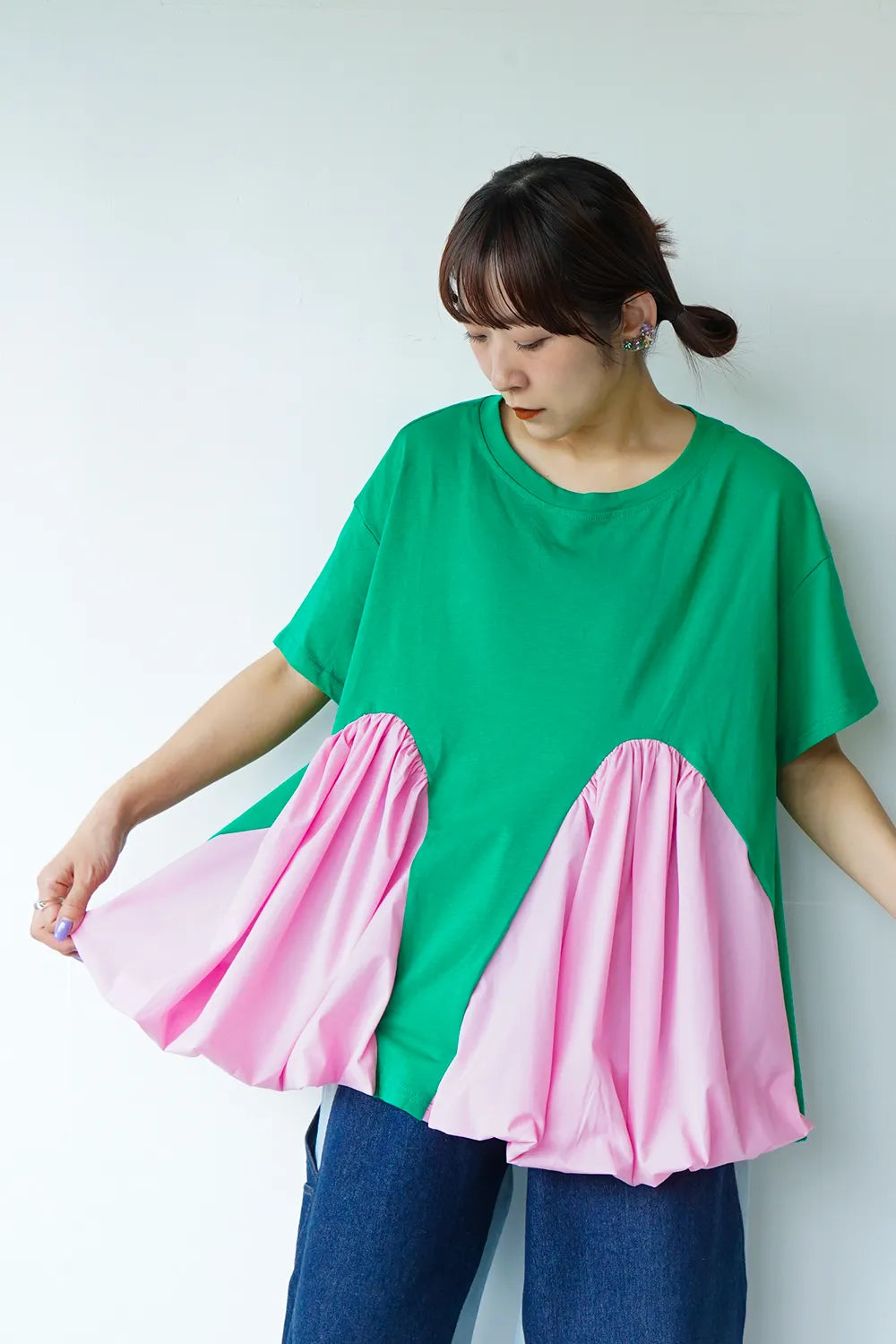 ラウンド切替異素材バルーンカットソー