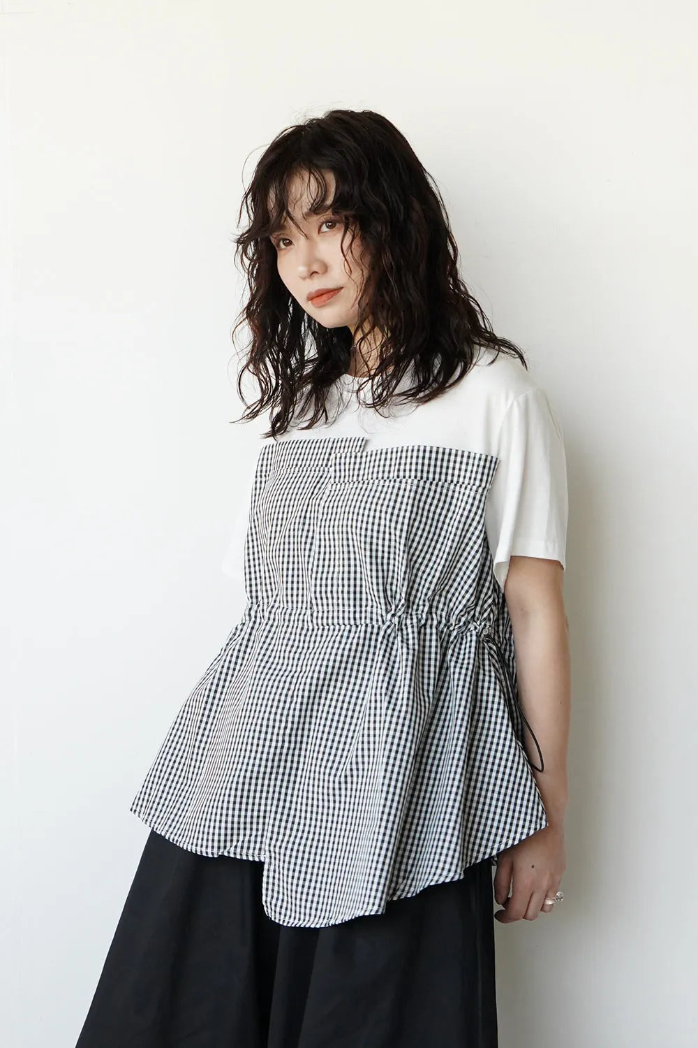 ギンガム切替ドロストカットソー