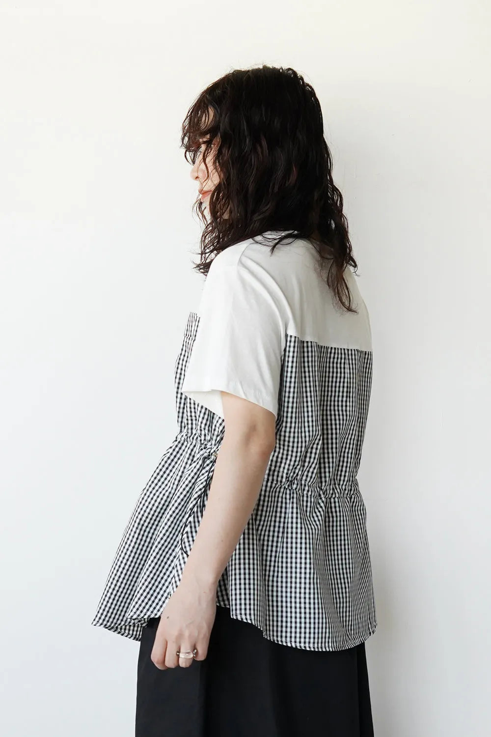 ギンガム切替ドロストカットソー