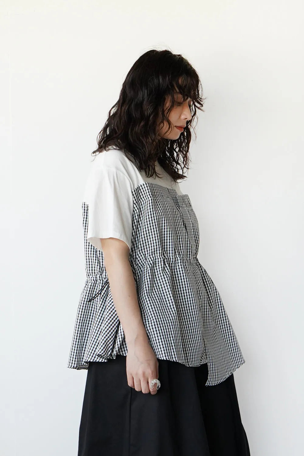 ギンガム切替ドロストカットソー