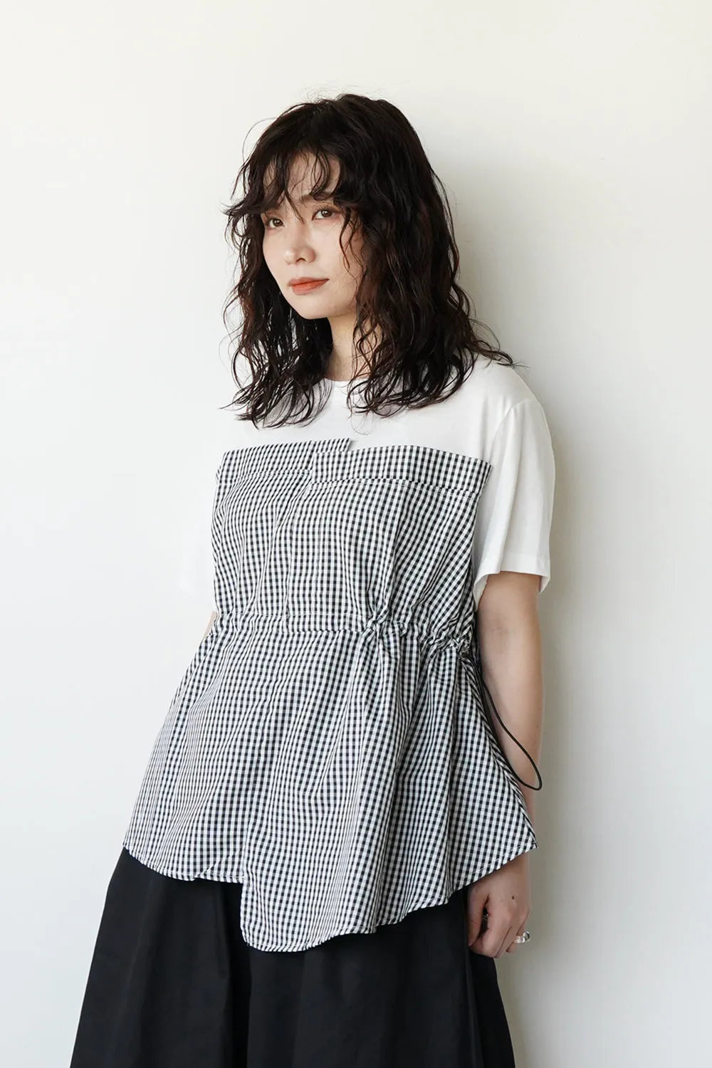 ギンガム切替ドロストカットソー