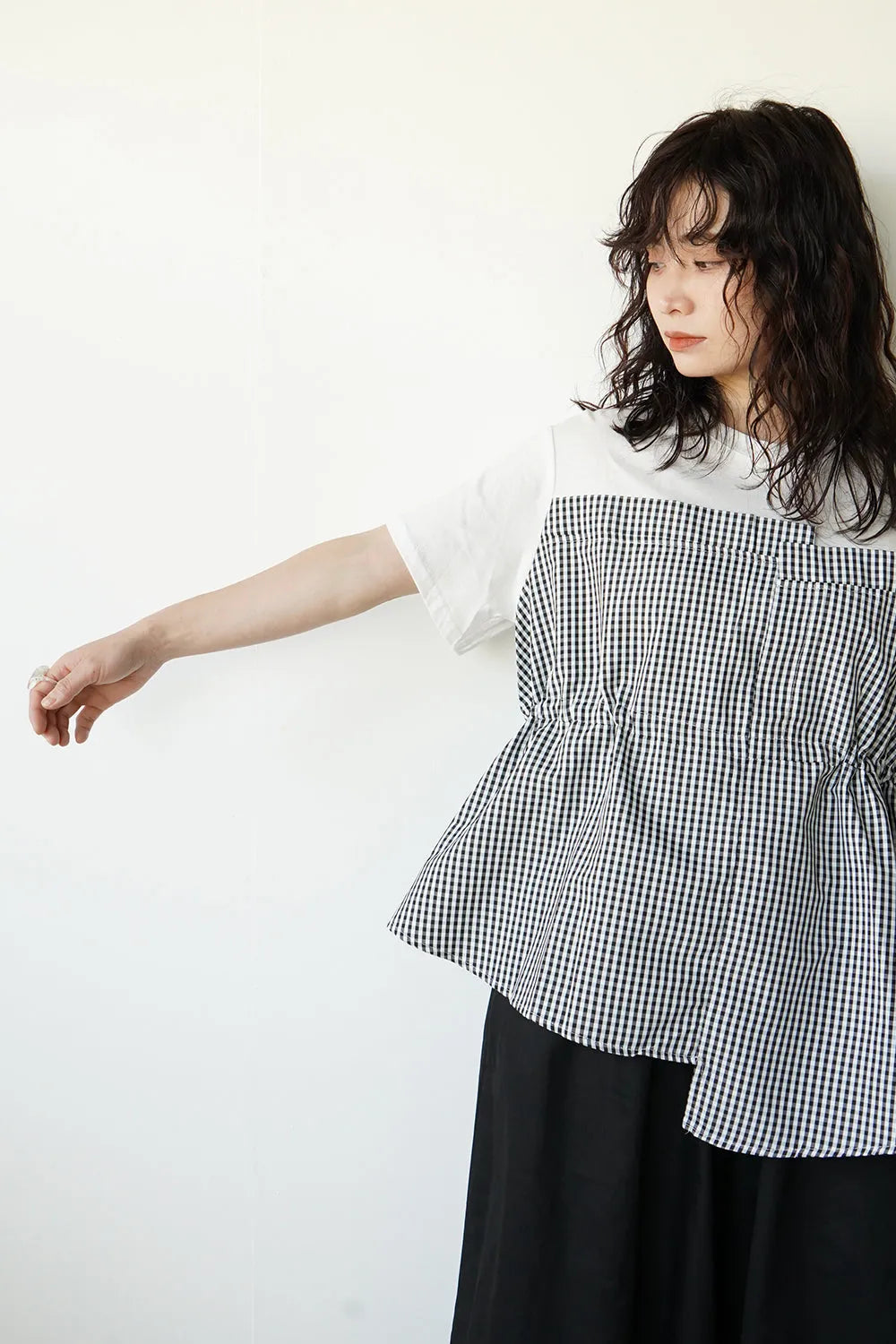 ギンガム切替ドロストカットソー