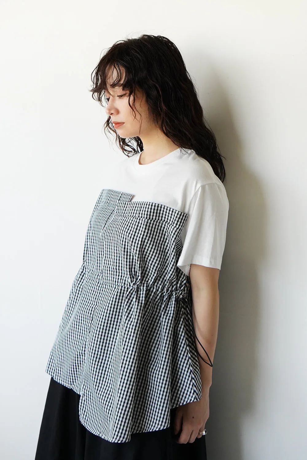 ギンガム切替ドロストカットソー