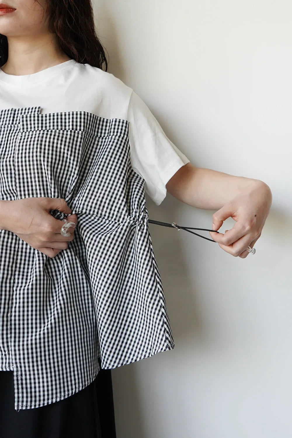 ギンガム切替ドロストカットソー