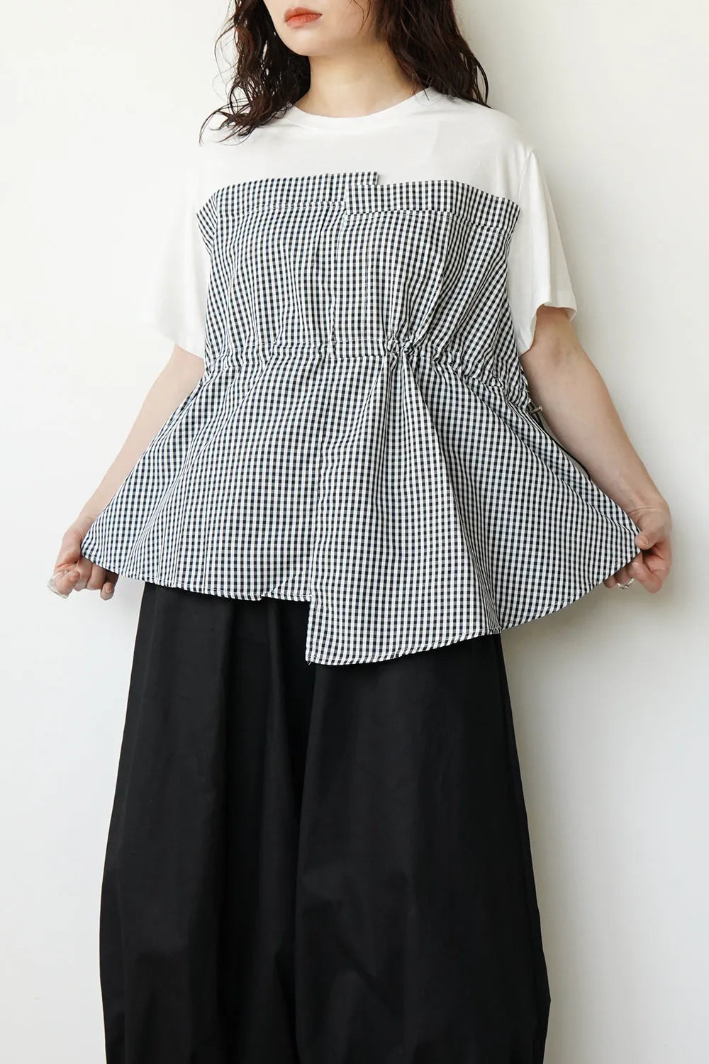 ギンガム切替ドロストカットソー