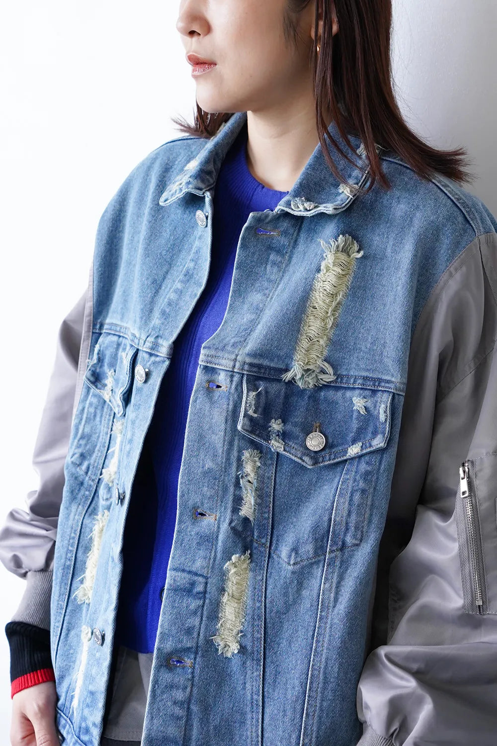 MICALLE MICALLE】ダメージデニム×ナイロンドッキングブルゾン – LILA
