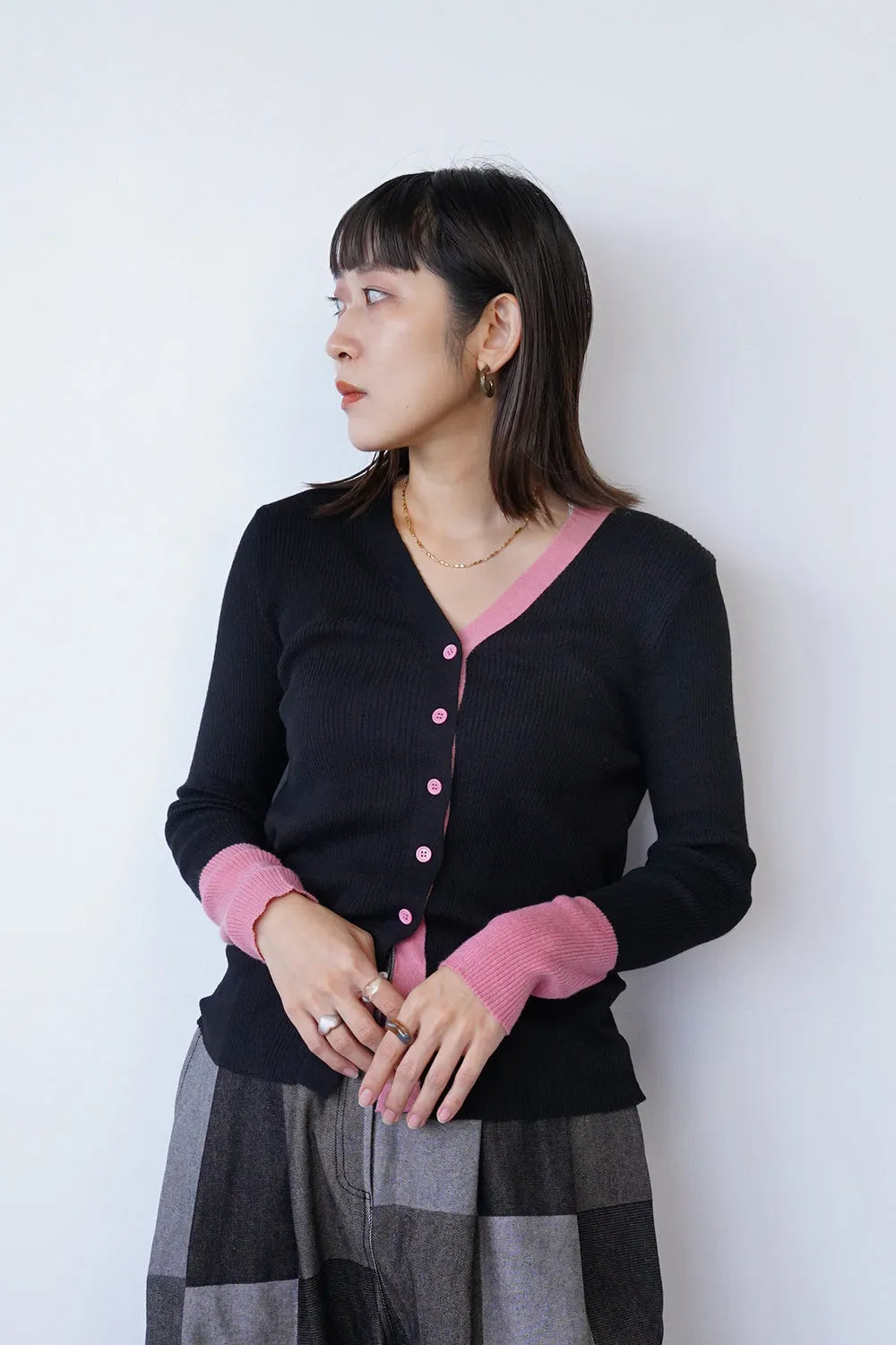 配色ラインスリムカーデ