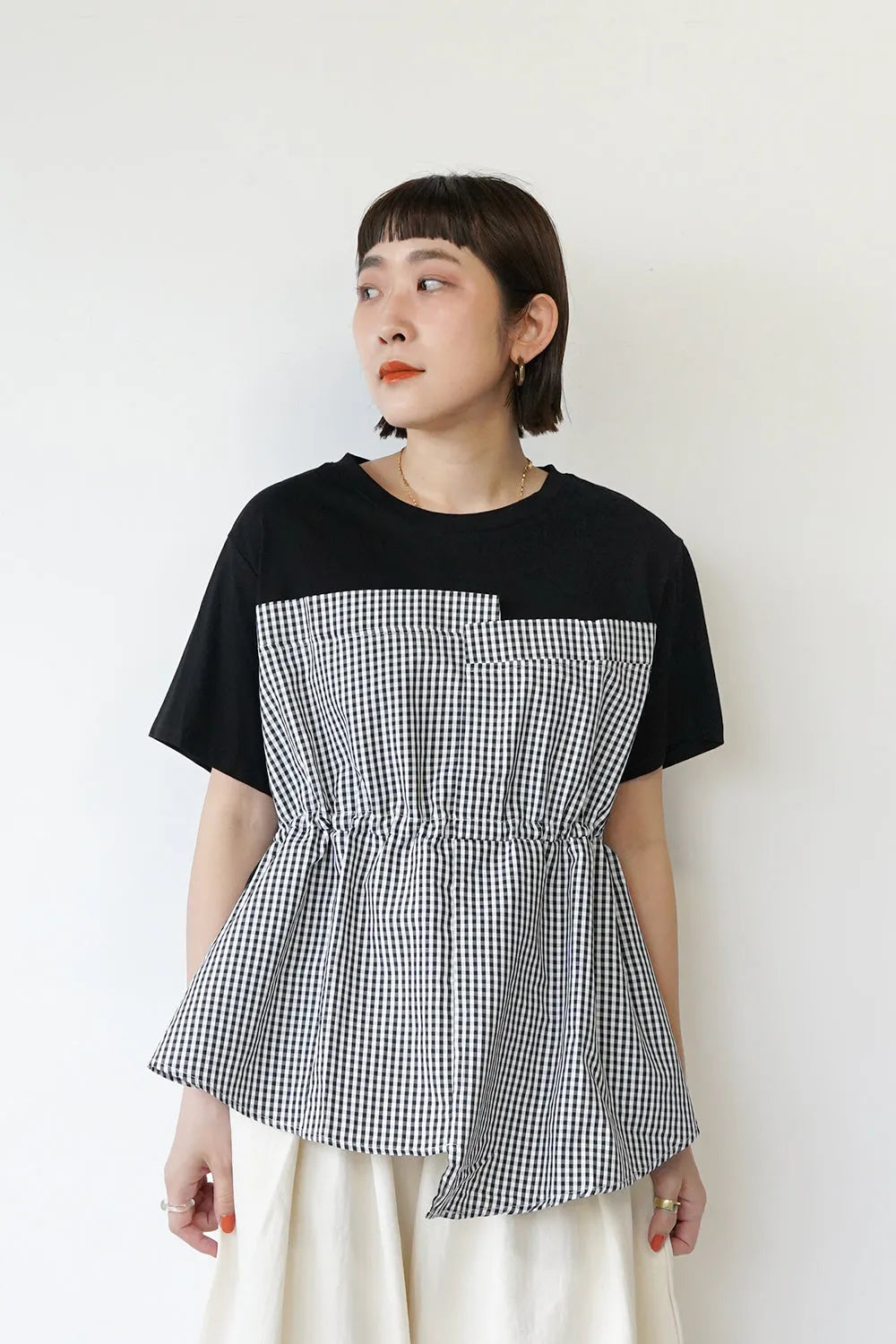 ギンガム切替ドロストカットソー
