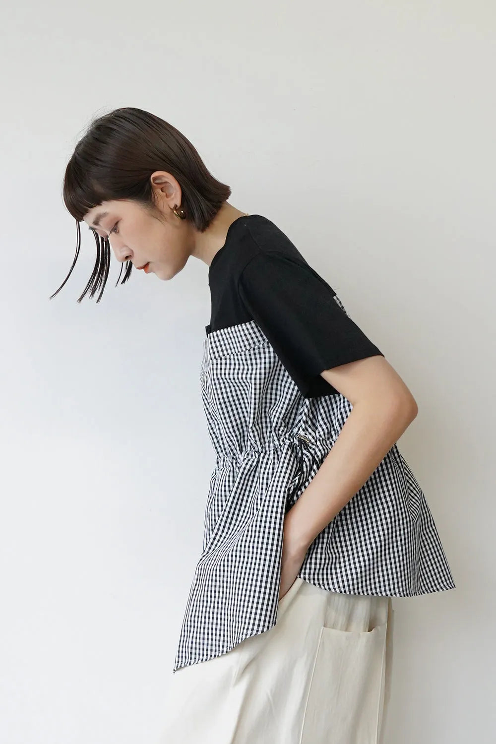 ギンガム切替ドロストカットソー